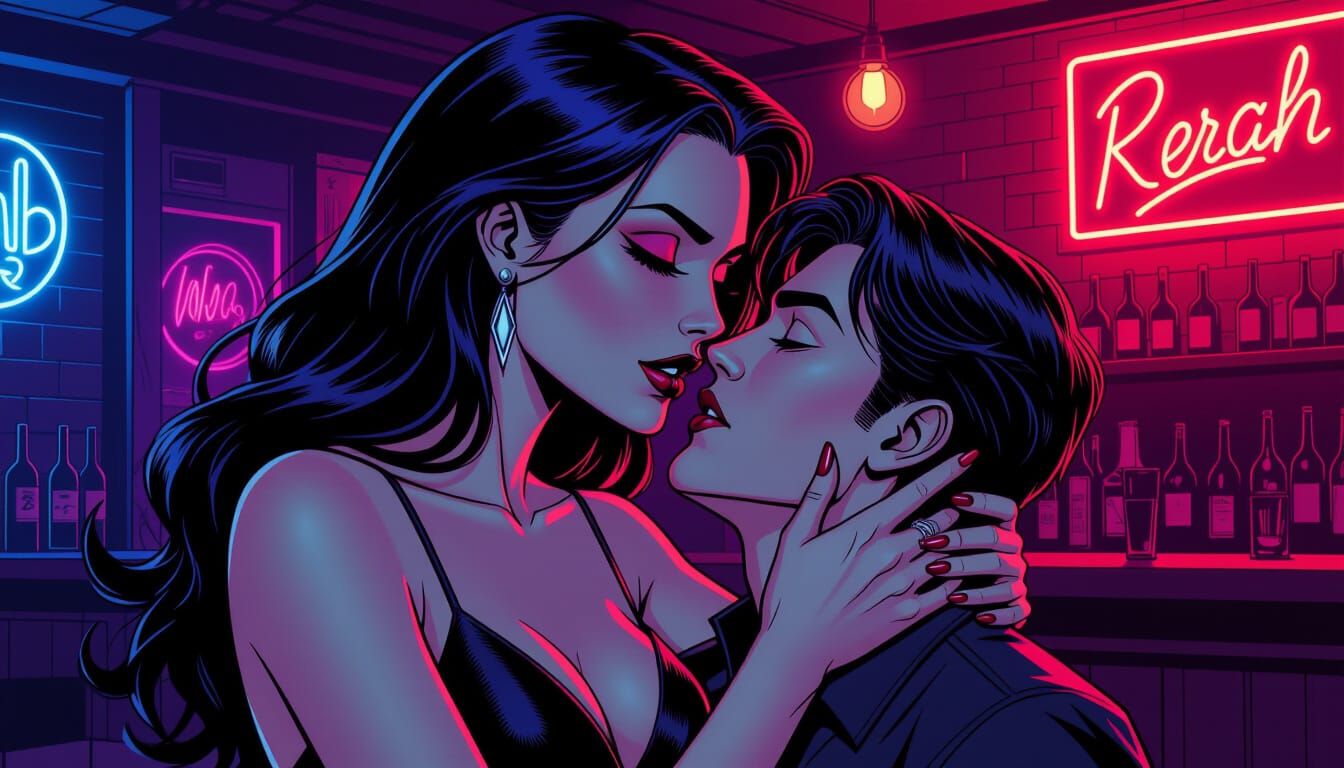 Vampire Woman Biting Man in Club, Comic Book Style