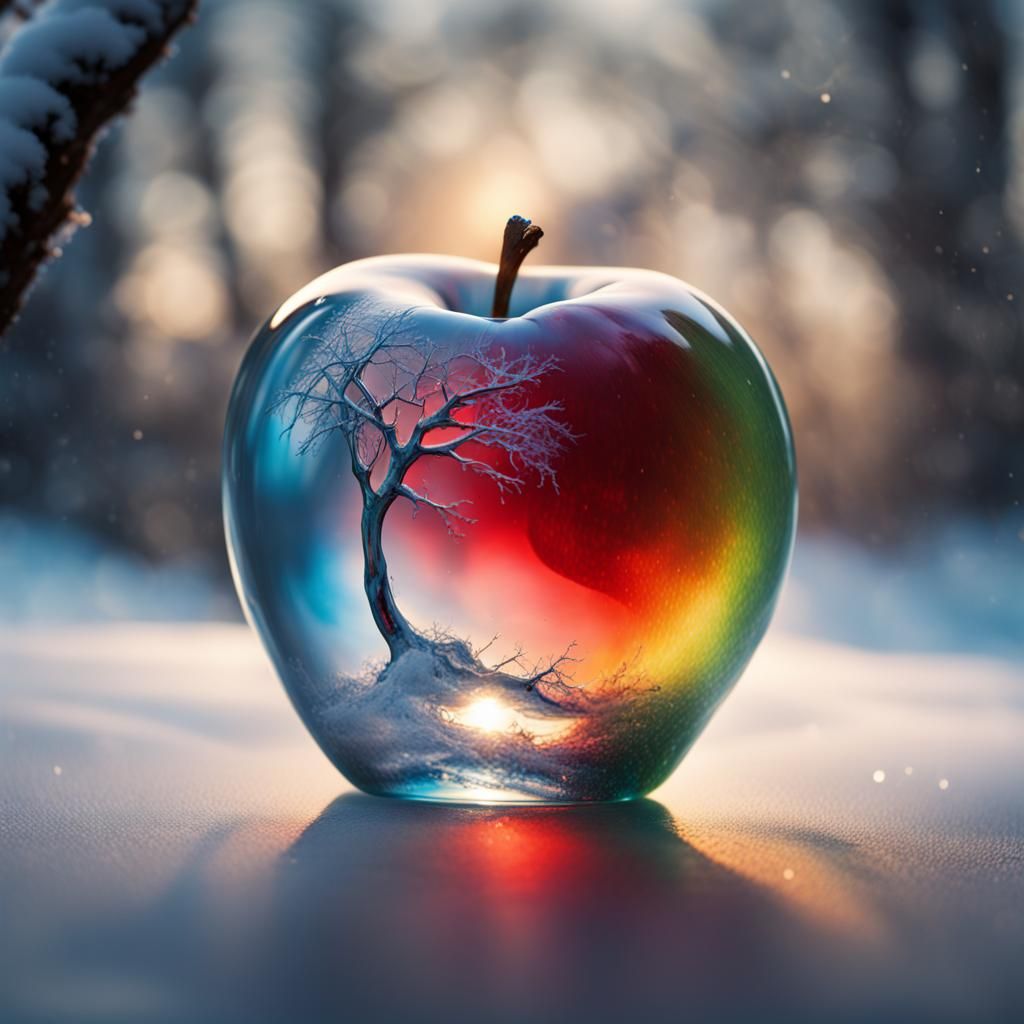 Glass Apple in Winter Landscape: Hyperrealistic Photography