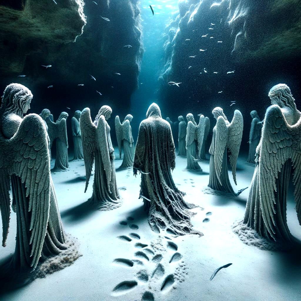 Eerie Underwater Grotto of Grieving Angel Statues