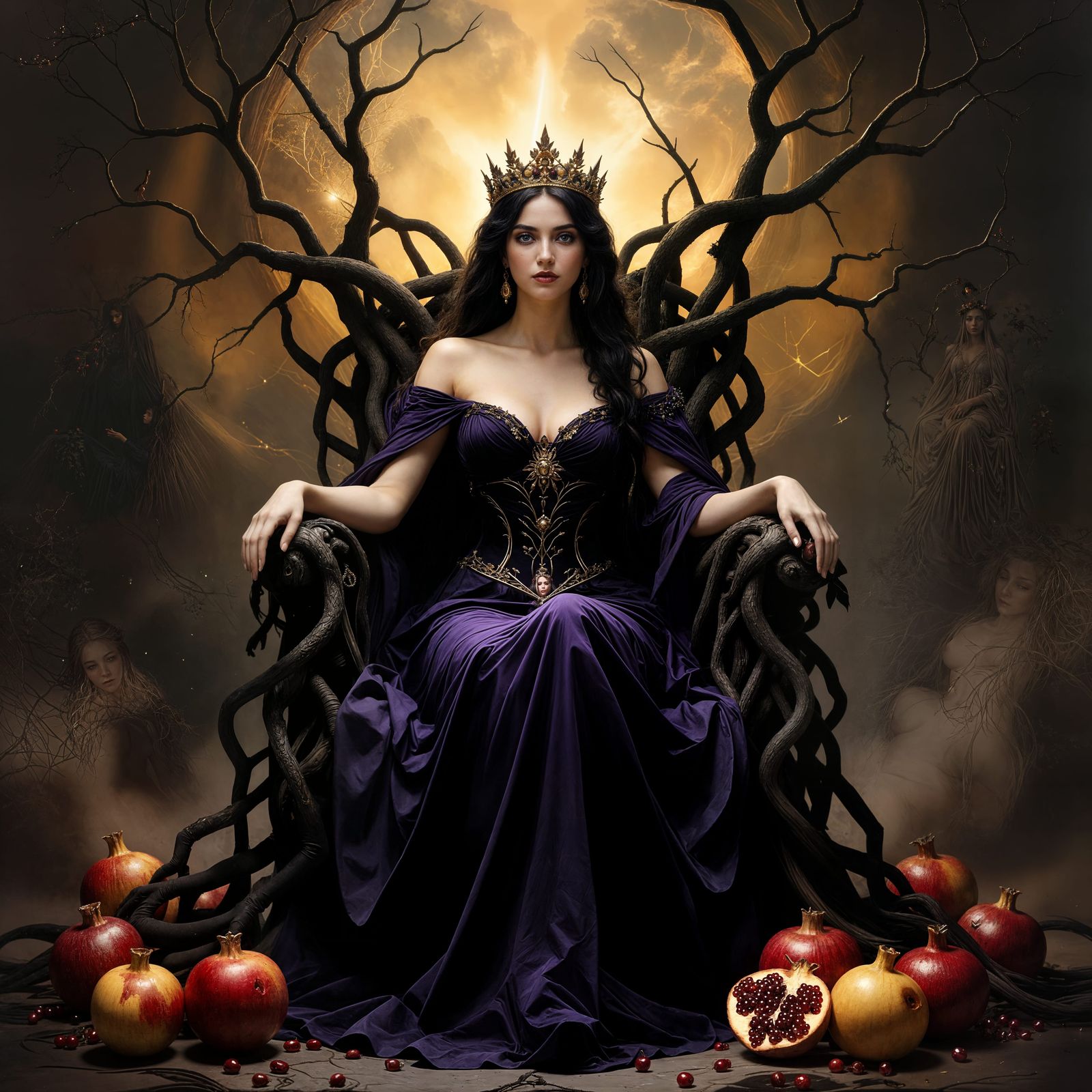 Melancholic Queen Persephone on Obsidian Root Throne