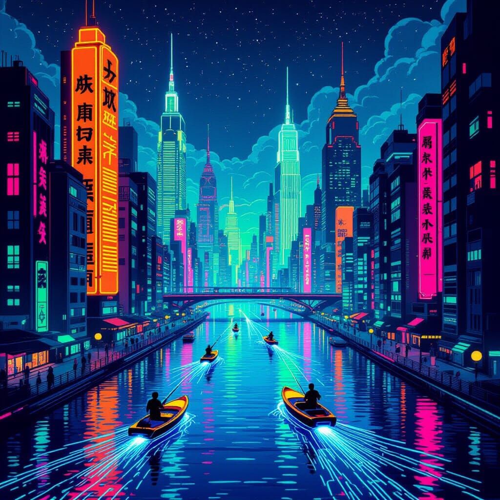 Retro Neon Noir Cityscape with Luminous Fishermen