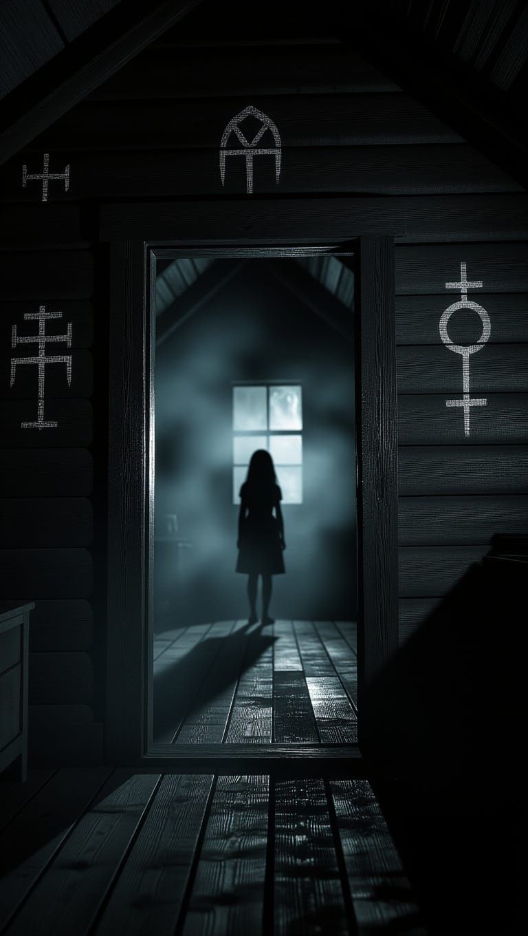 Creepy Cabin Interior in Found-Footage Horror Style