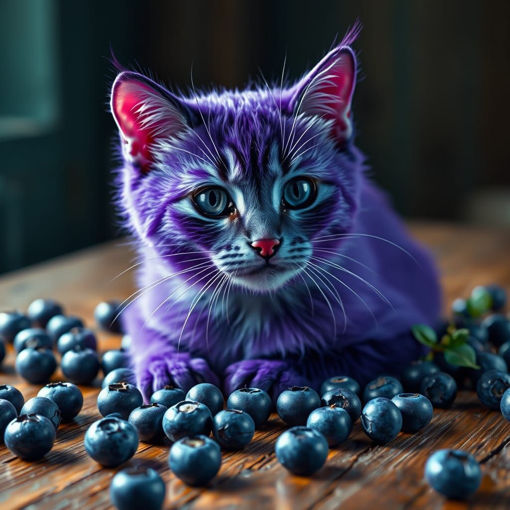 Vibrant Blueberry Feline in Futuristic Realism