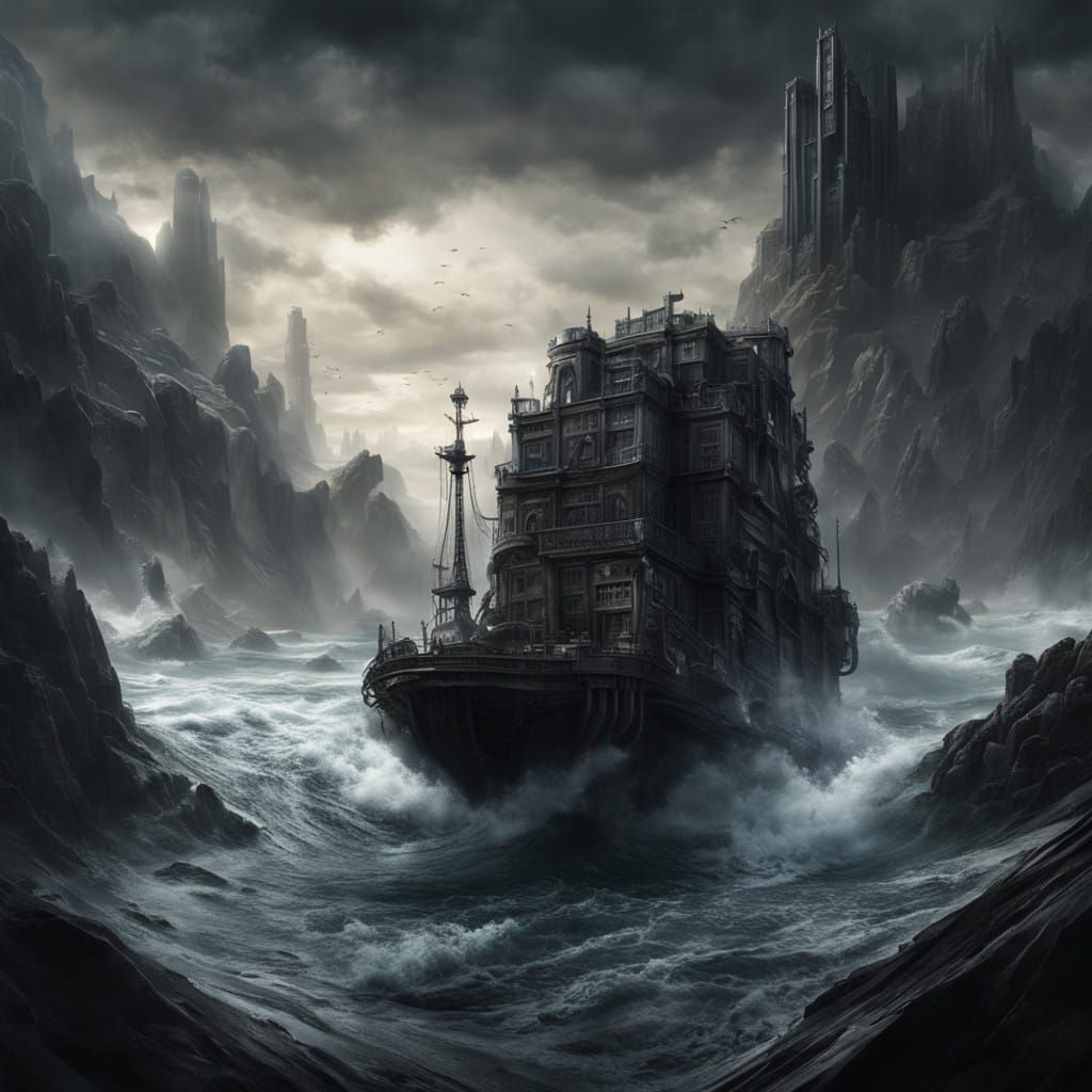 Hyper-Realistic Dark Fantasy Container Suspended in Turbulen...