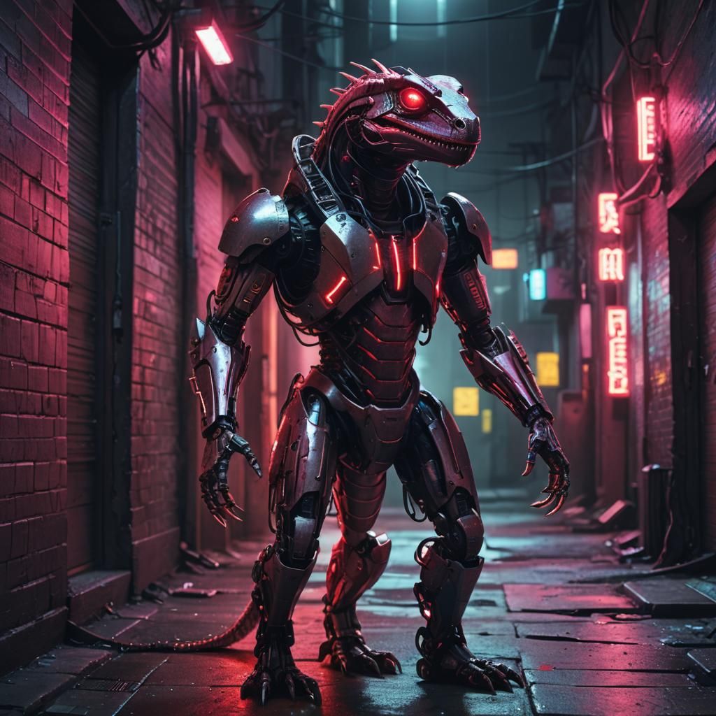 Cyberpunk Robotic Lizard Man in Abandoned Alleyway
