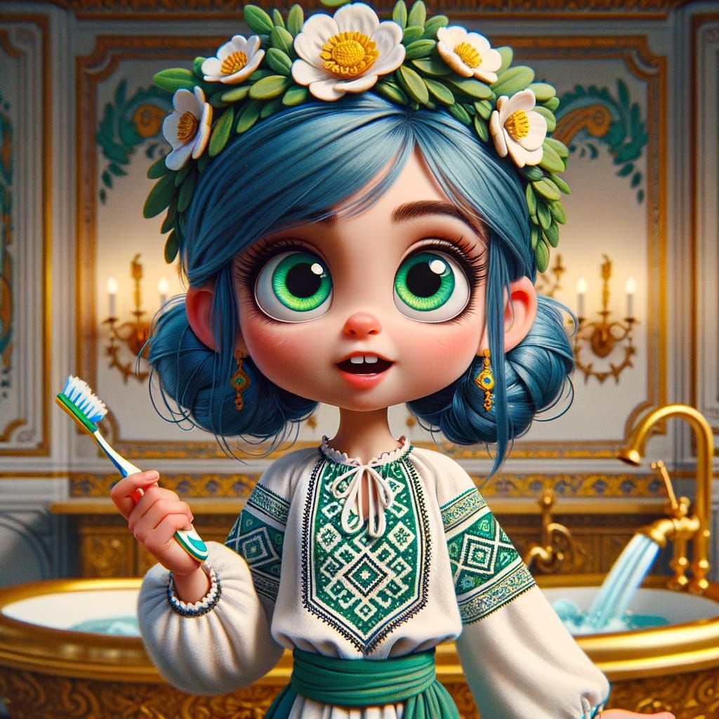 Blue-Haired Girl With Flower Crown Puzzled by Jacuzzi