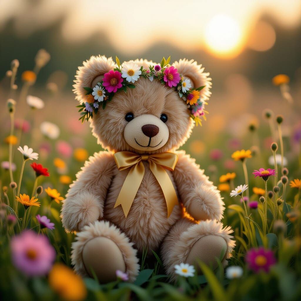 Golden Teddy Bear in Wildflower Field, Fantasy Art