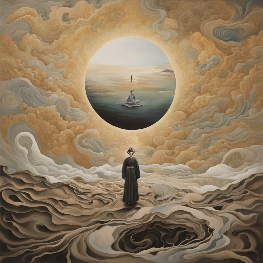 Ethereal Figure in Surrealist Dreamscape as Oil on Canvas