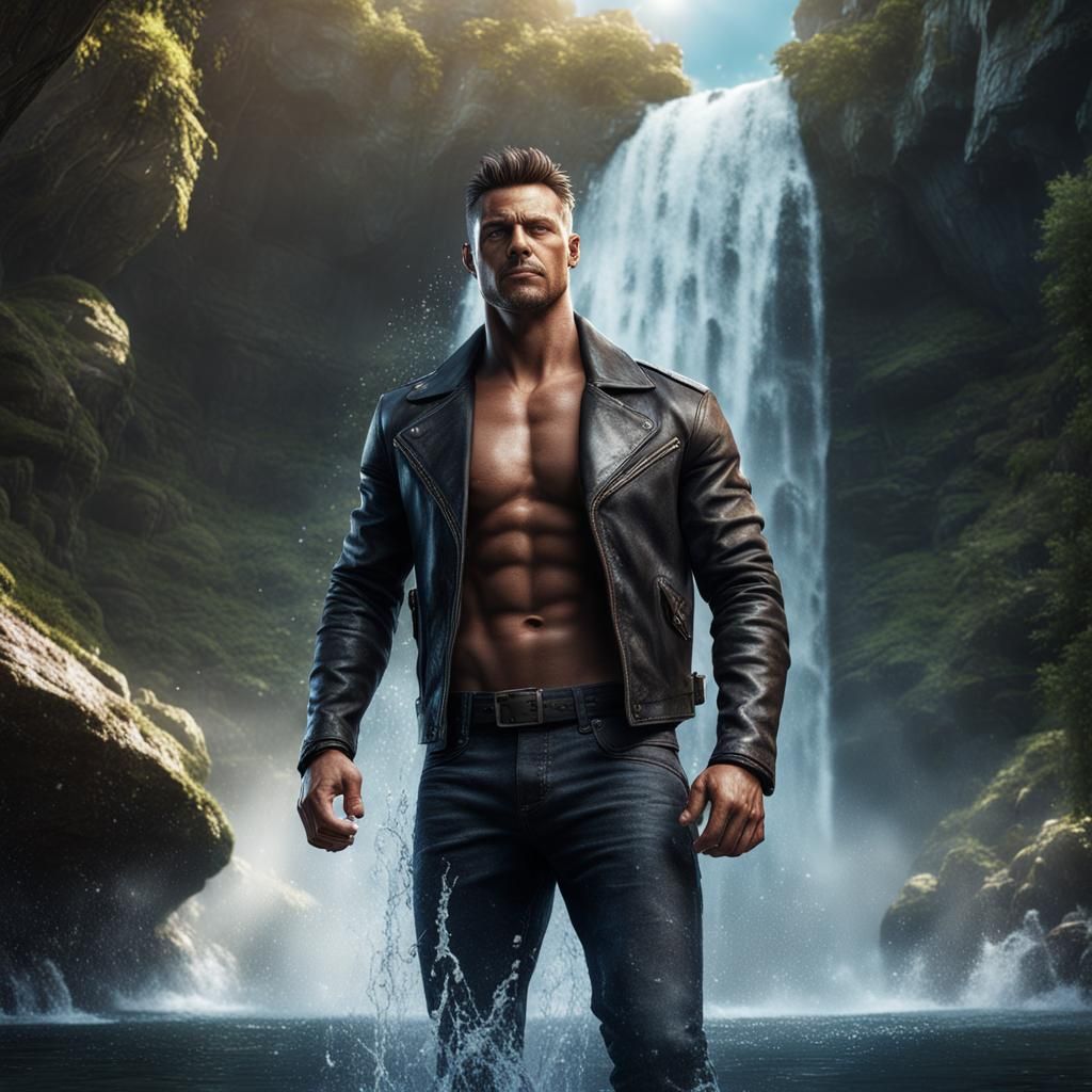 Muscular Man in Leather Jacket Under Waterfall