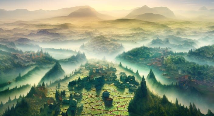Detailed Aerial View of Vibrant Fantasy Landscape