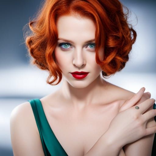 woman with red hair, in emerald green flowing dress, ice cold blue eyes, looking into the camera with a sly smile