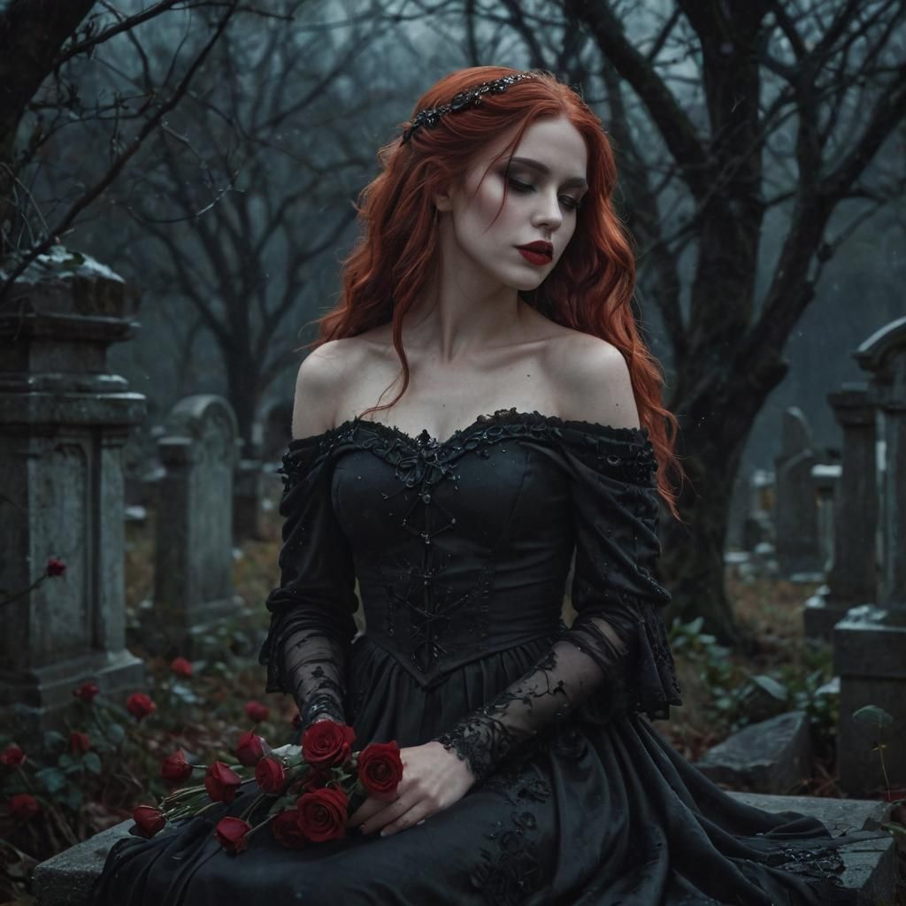 Gothic Goddess in Overgrown Graveyard, Oil Painting