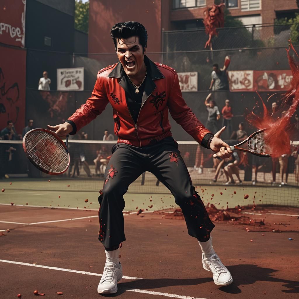 Satanic Elvis playing tennis