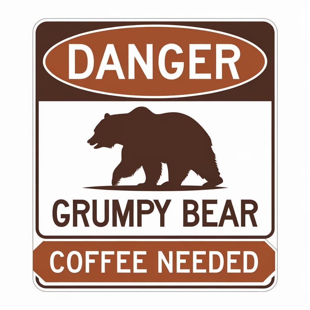 A road sign with a grizzly bear silhouette and the text "Danger grumpy bear". Below the main text, there is a smaller te...