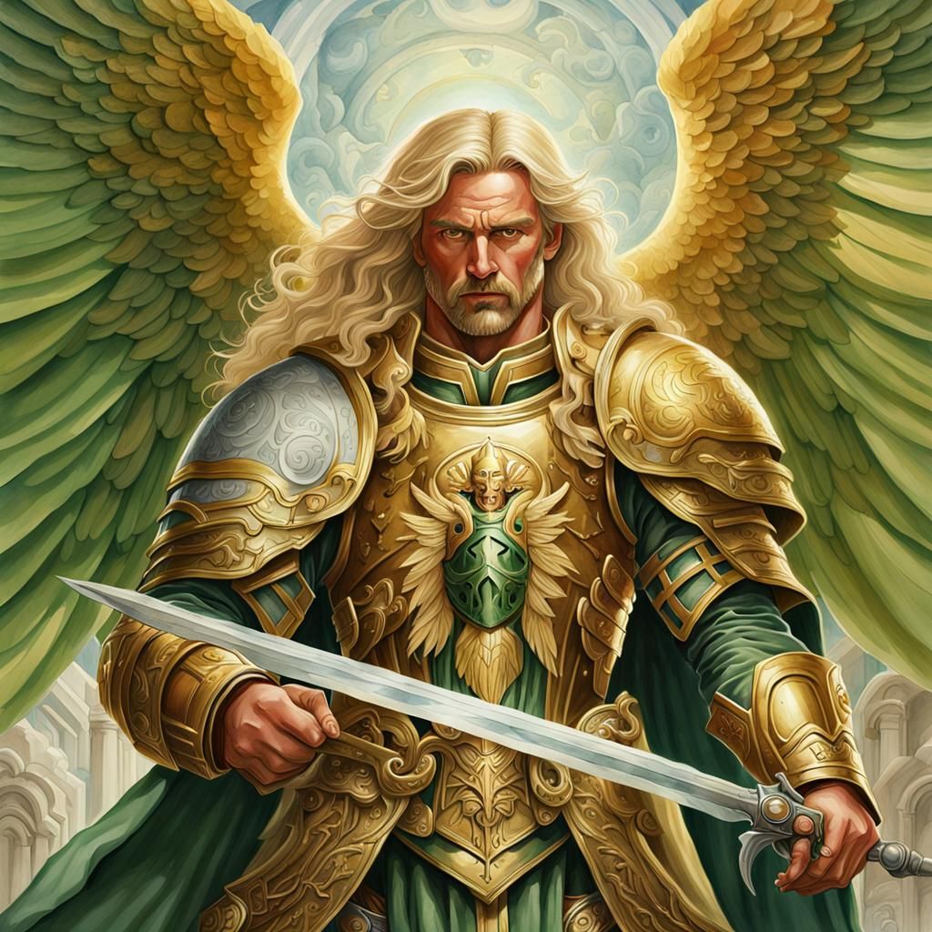Golden Saint with Lion Face, Angel Wings, and Halo