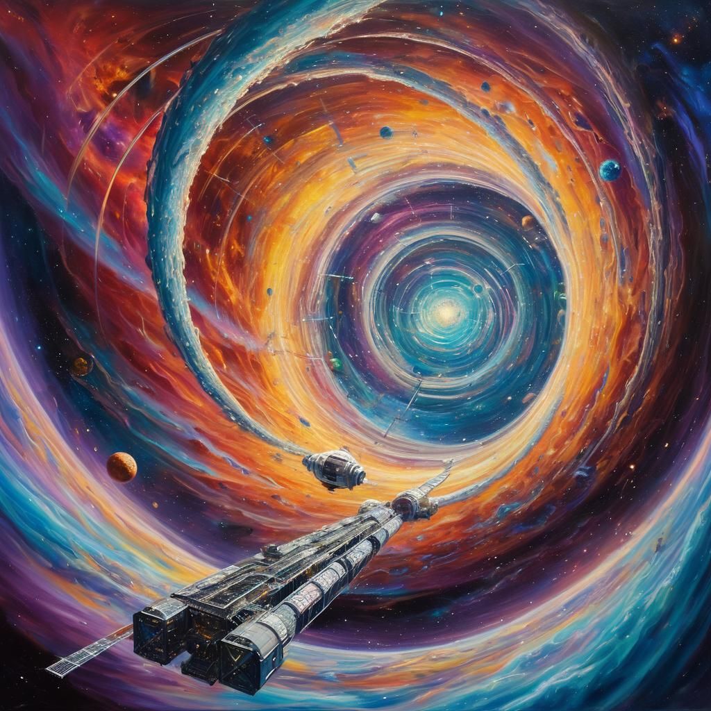 Surreal Space Station in Cosmic Vortex, Dreamlike Oil Painti...