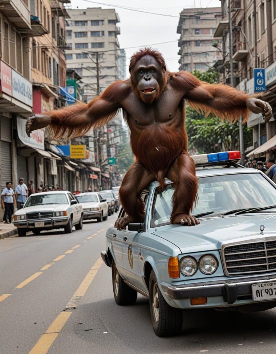 An orangutan drives the get away car through the streets of ...