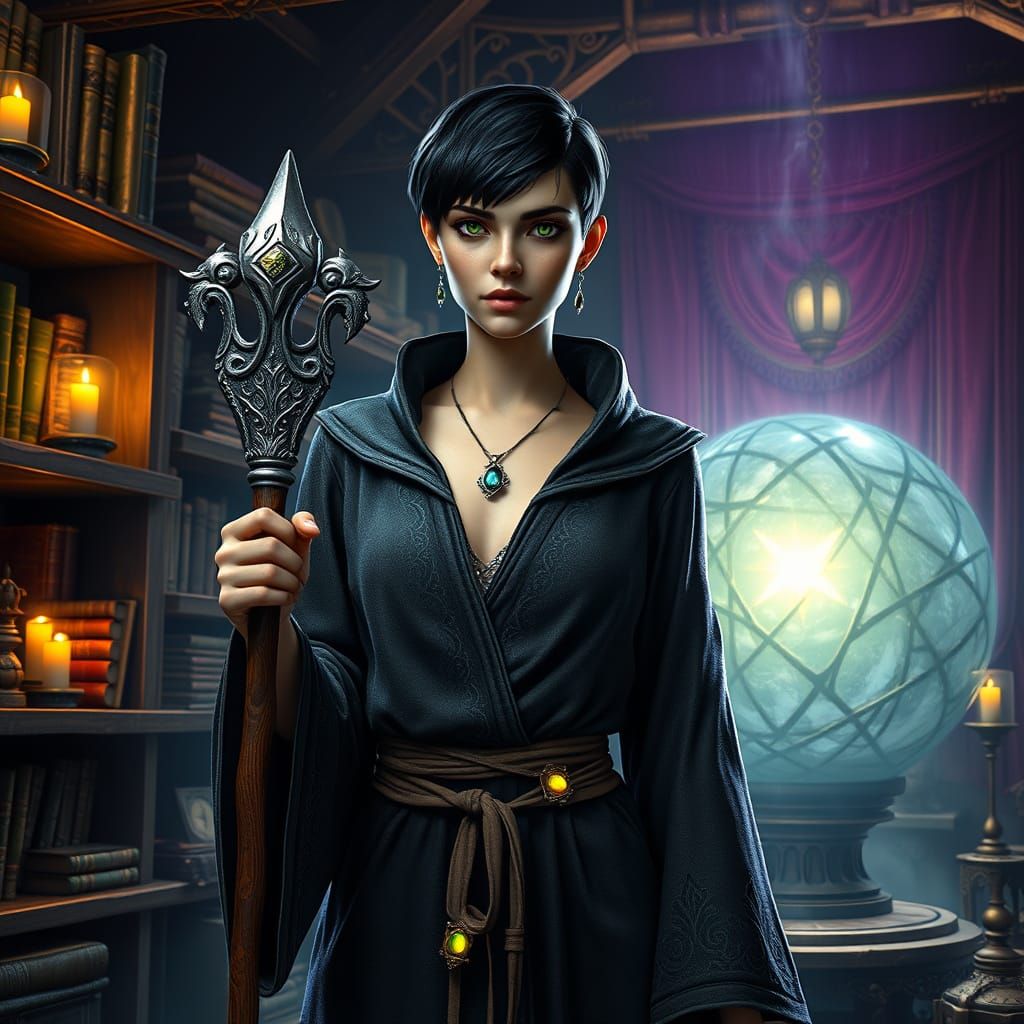 Mystical Sorceress in Dimly Lit Workshop