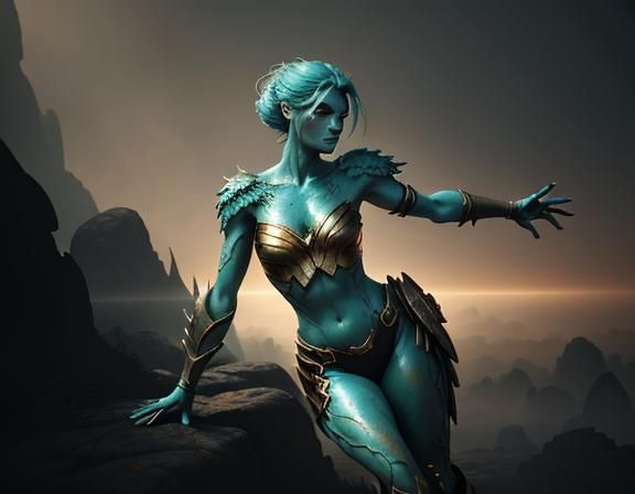 Heroic Female Amphibioid in Sepia-Toned 3D Game Art