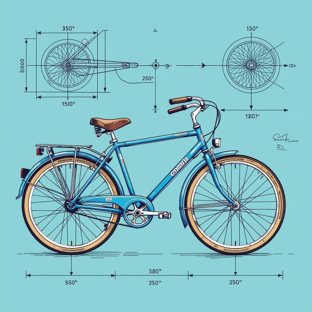 Bicycle Blueprint in Technical Drawing Style