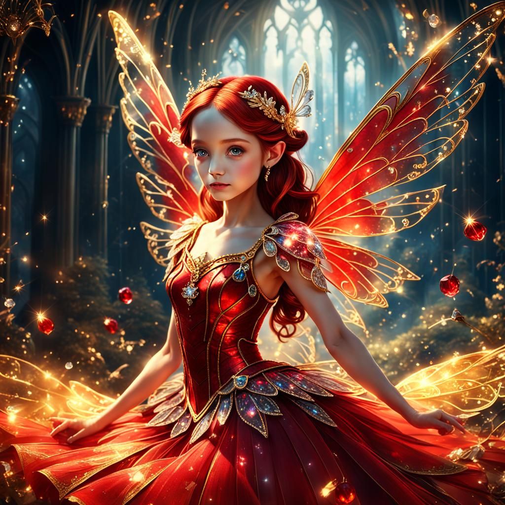 Red Fairy with Crystal Wings in Gold Fairytale