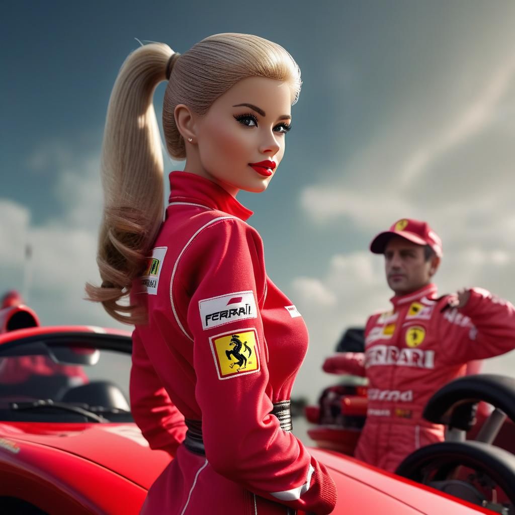 Barbie as F1 Racer in Cinematic Action Shot