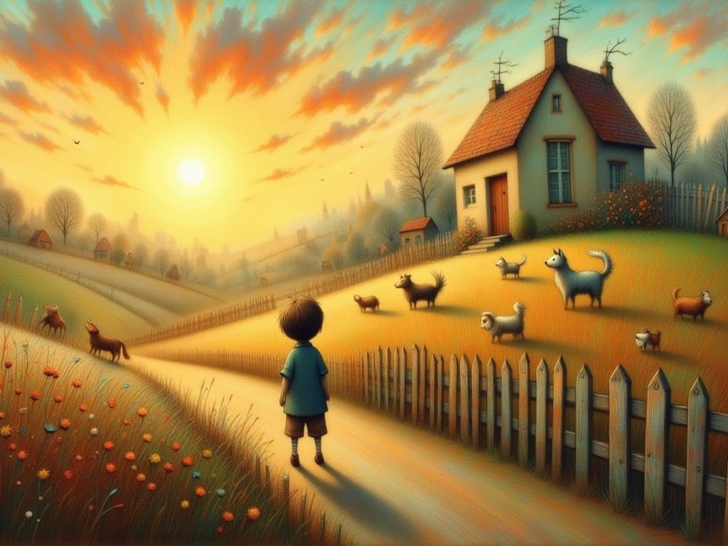 Boy Waits on Field Path for His Returning Father in Whimsica...