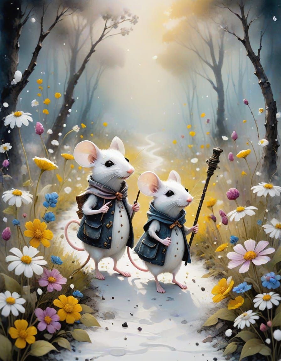 Whimsical Snowwhite Mice Embark on Enchanted Adventure