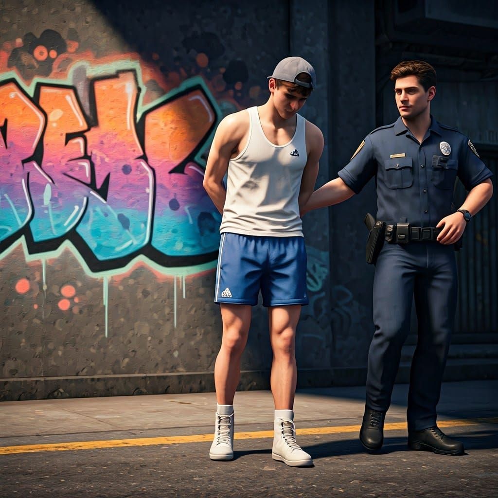 Police arrest and handcuff a graffiti vandal