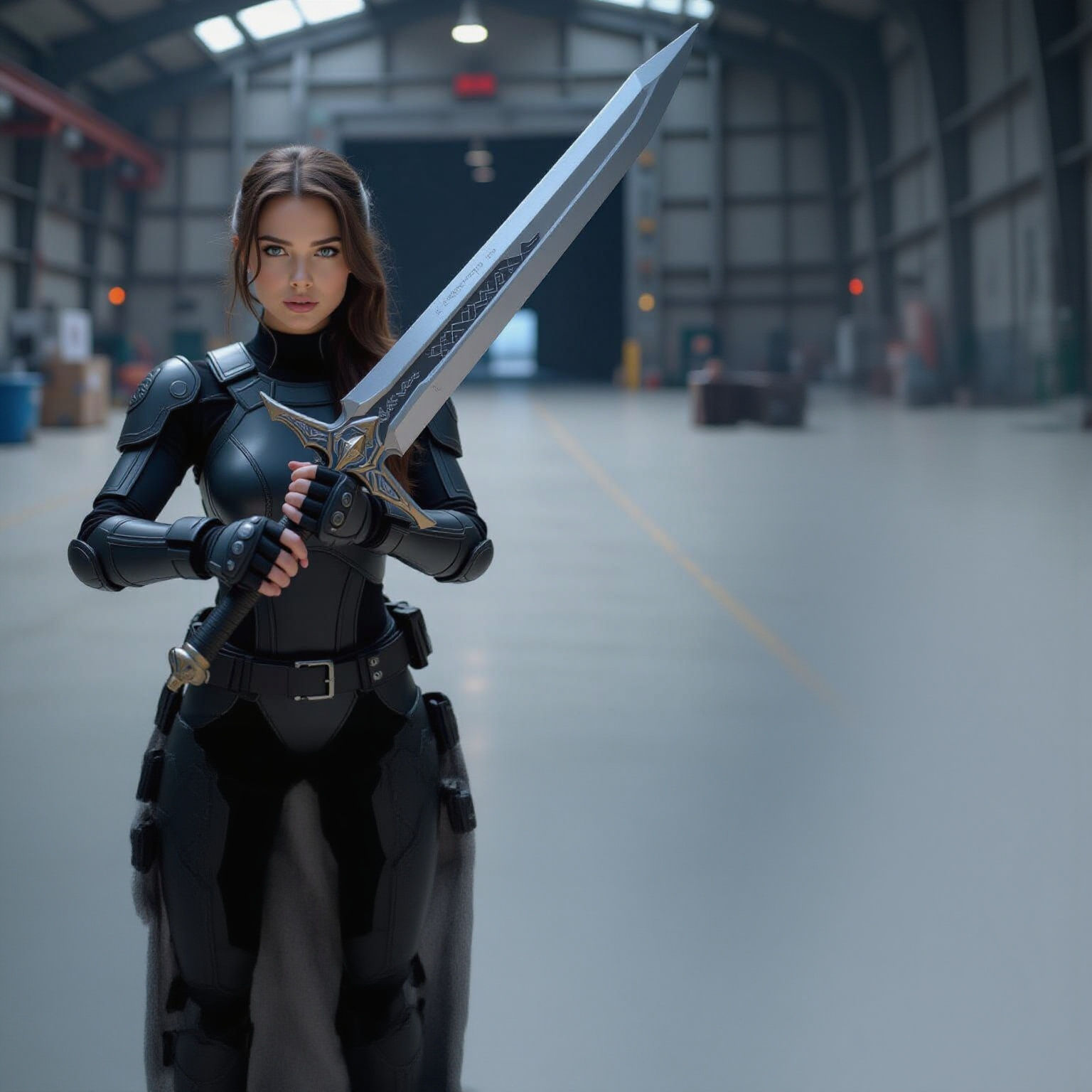 Motion Capture Performer Holds Fantasy Sword in Warehouse