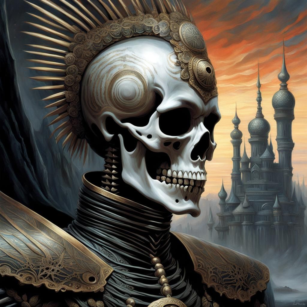 Skeleton Warrior with Beard in Psychedelic Art Style