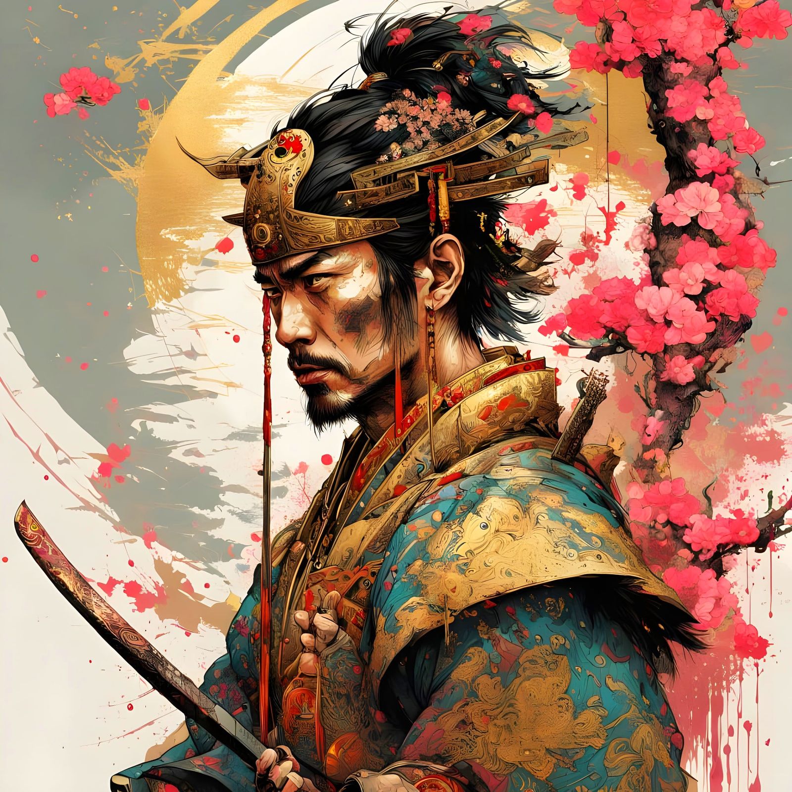 Armored Samurai with Sakura Trees and Golden Accents