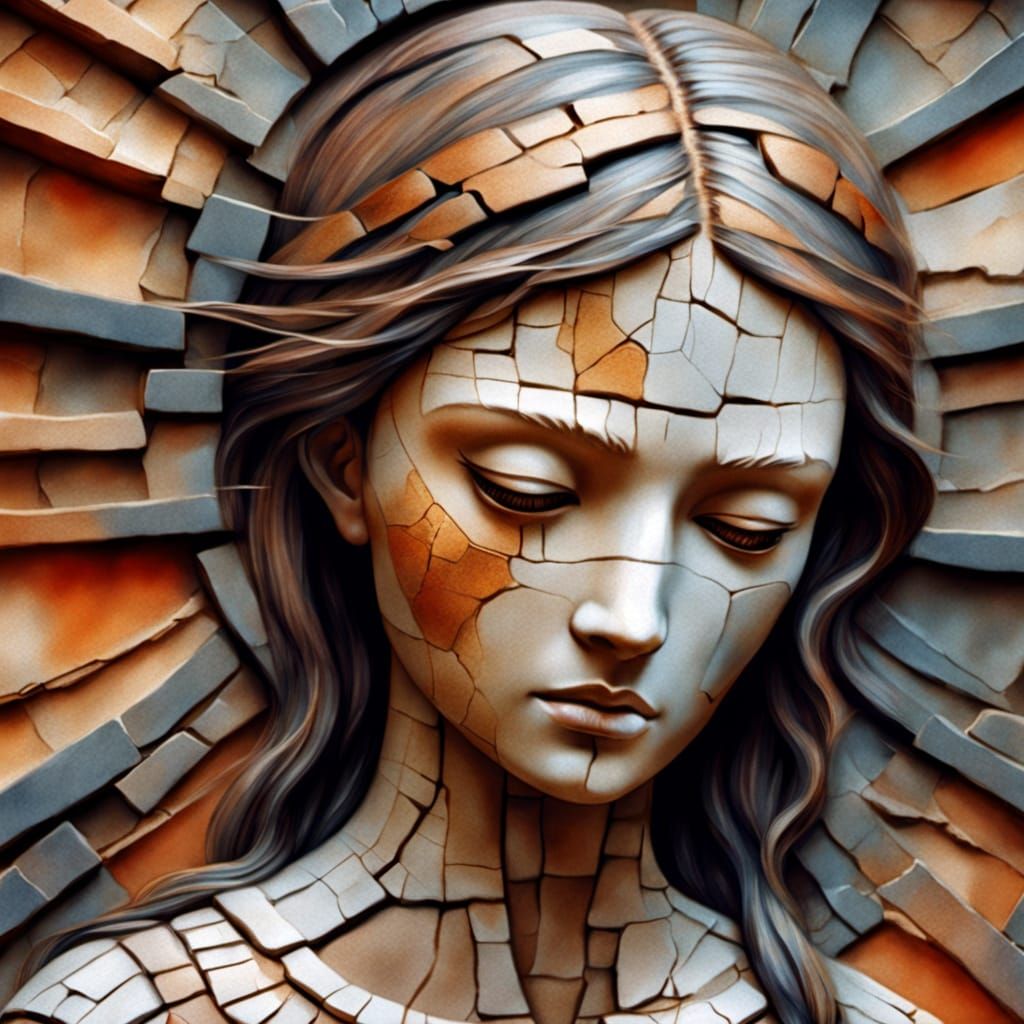 Women Transforming into Clay Figures, Watercolor Art