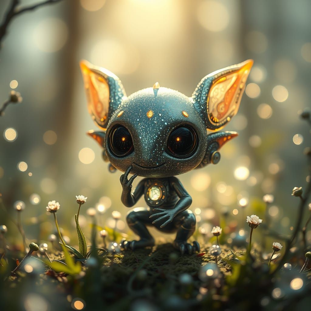 Whimsical Quantum Bittle Alien in Dewy Space Forest