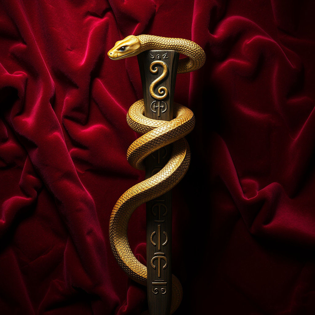 Golden Snake Staff on Ruby Velvet