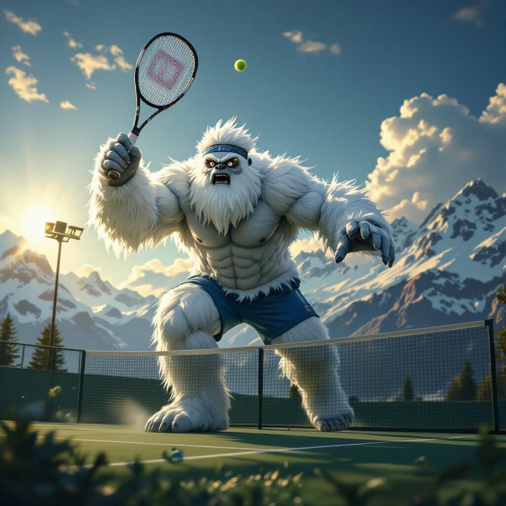 Yeti Plays Mountain Tennis in Detailed Oil Painting