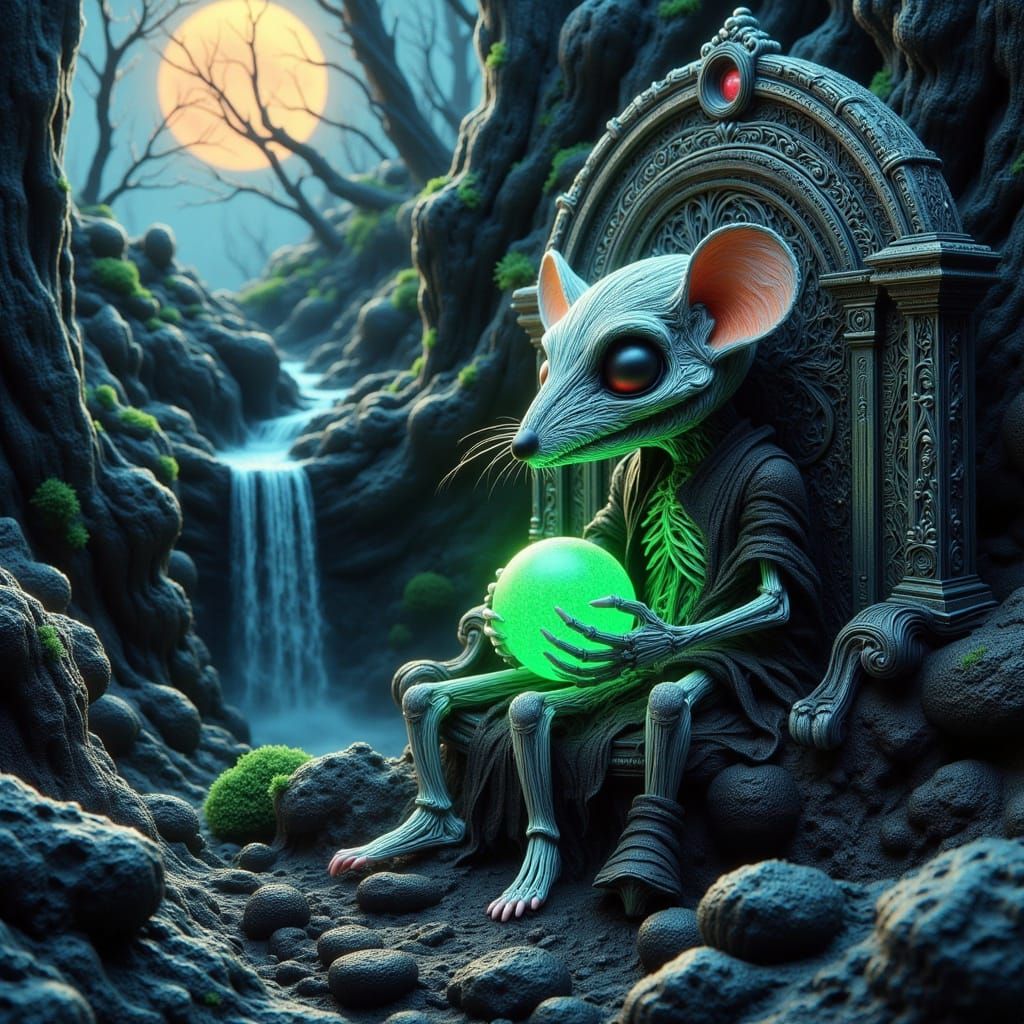 Skeletal Chibi Mouse with Glowing Orb on Throne