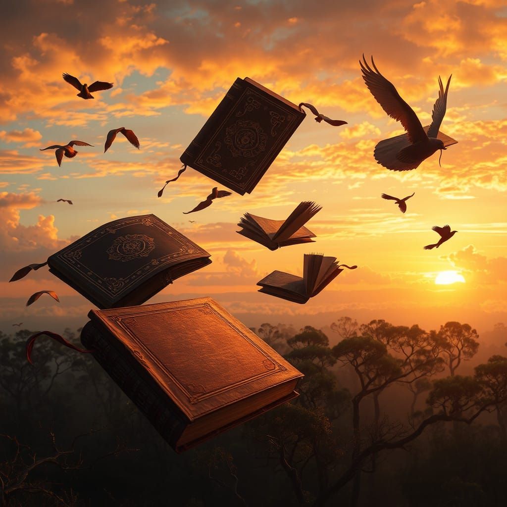 Golden Filigree Books Soar Through a Vibrant Sunset