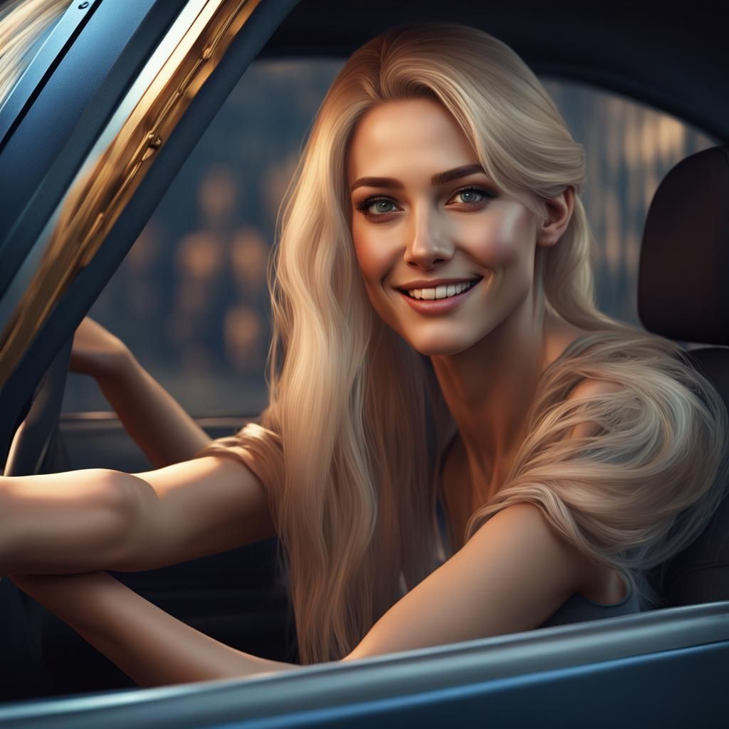 Blonde Woman Smiling in Car: Fantasy Concept Art