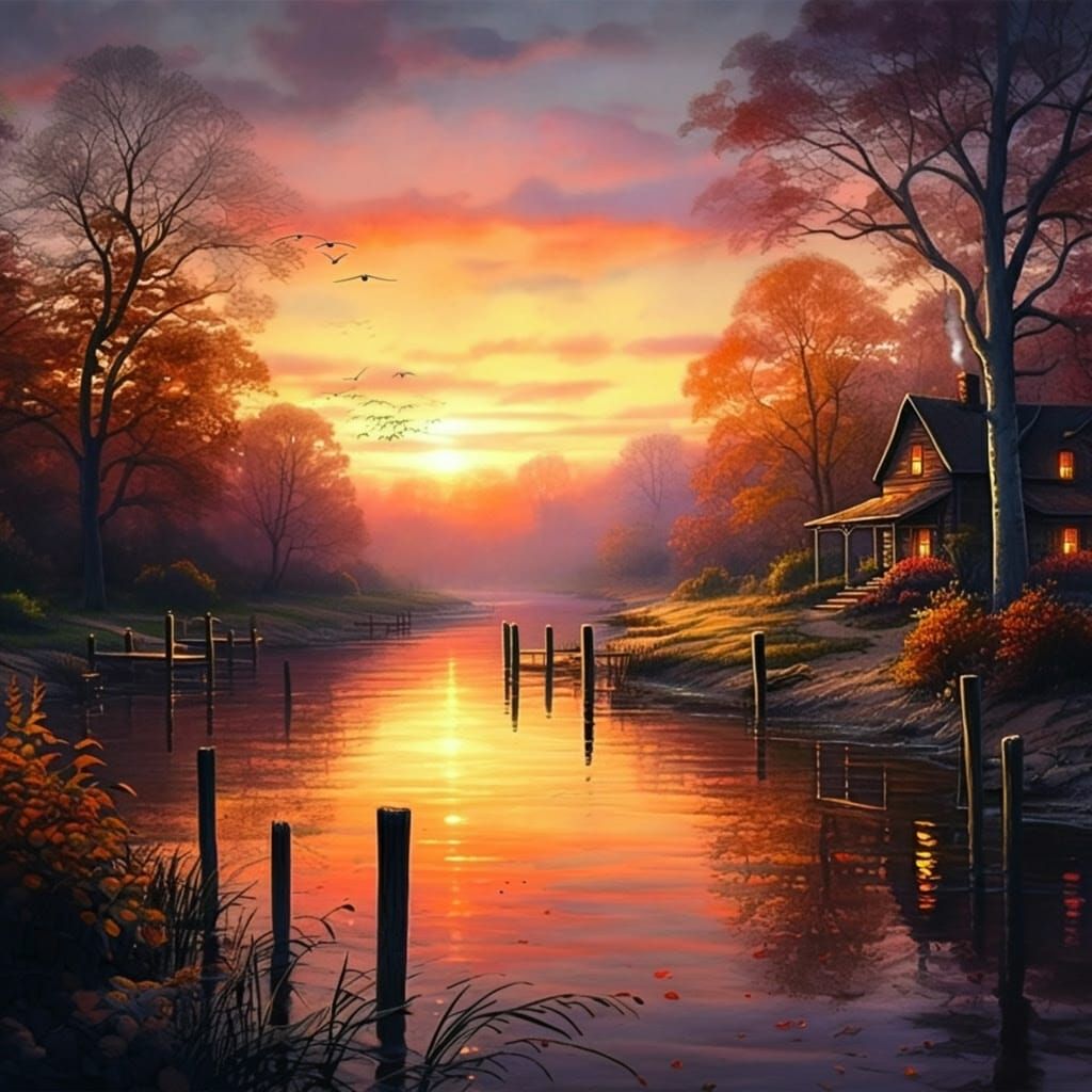 Autumn Landscape with River in Warm Watercolor