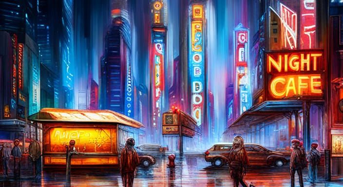 Cyberpunk Billboard with Night Cafe Text