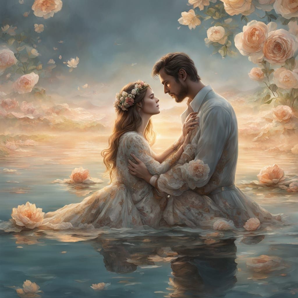 Ethereal Woman Merges With Man Amidst Floral Lake Scene