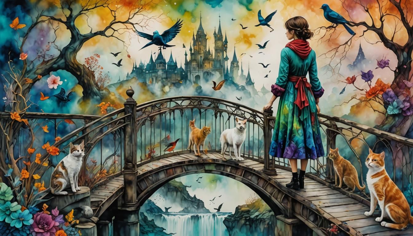 Surreal Fantasy Bridge Scene in Anime Style