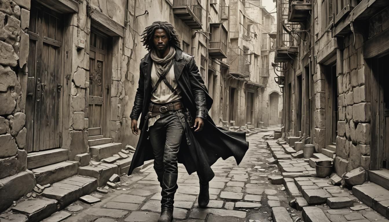 Nubian Rogue in Alleyway, Art Nouveau Style