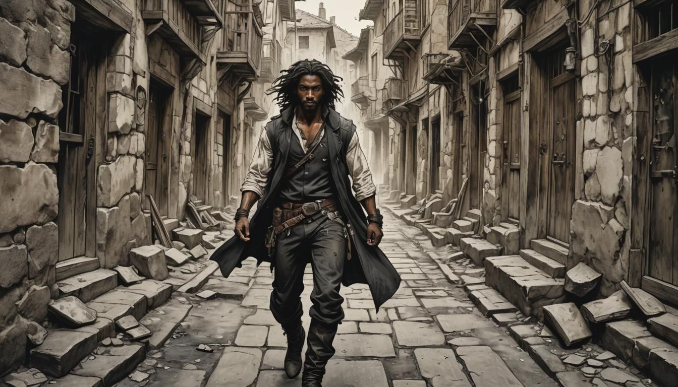 Nubian Rogue Adventurer in Alley, Ink Splatter Art
