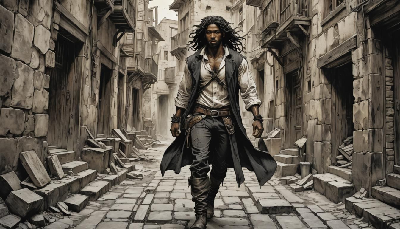 Nubian Rogue in Alleyway: Ink Splatter Art