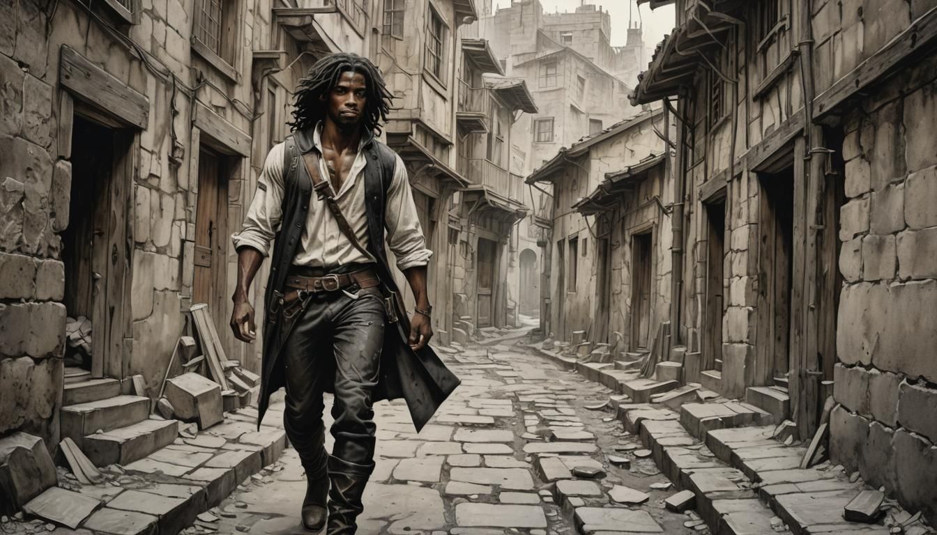 Nubian Rogue in Ink Splatter Alleyway