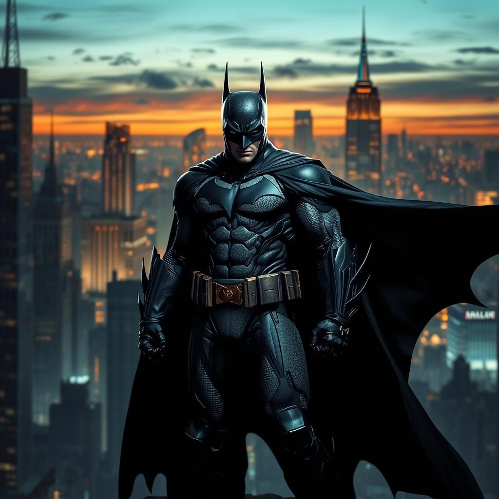 Batman Heroic Stance in Gothic Cityscape