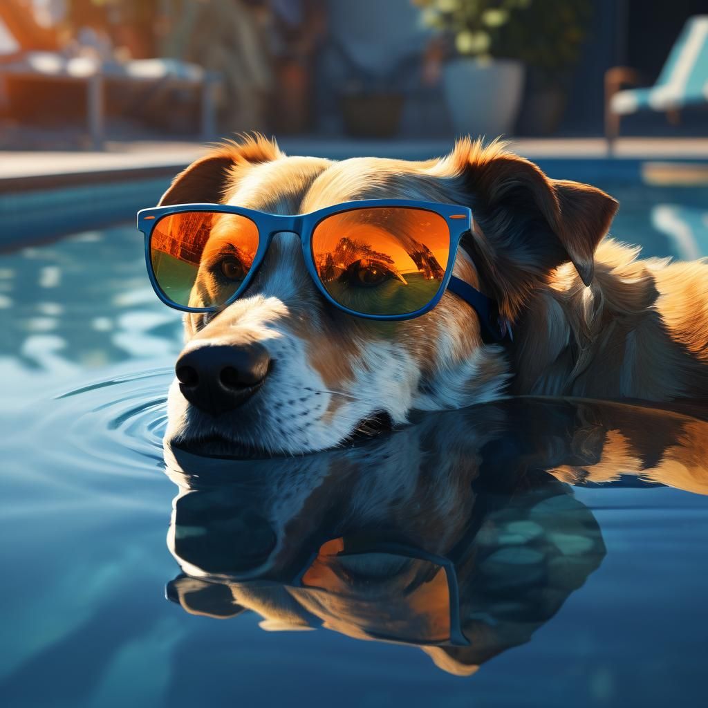 Dog Lounging by Pool in Vibrant Fantasy Art