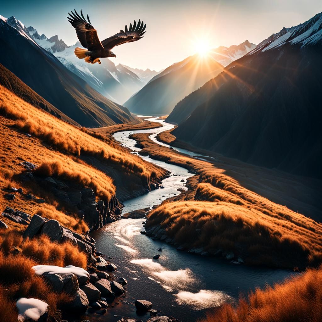 Majestic Valley River Landscape at Sunset